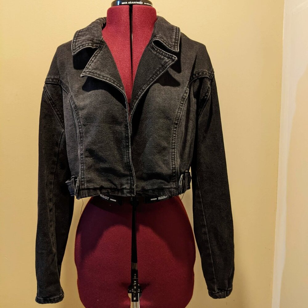 Madden NYC Women’s Cropped Denim Moto Jacket – Black Wash (Size L) - Picture 2 of 12